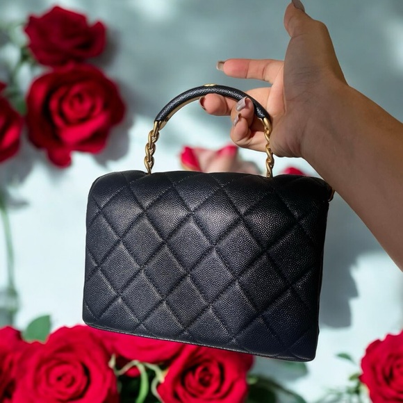 CHANEL 23S Classic Top  Handle Flap Black Caviar Leather Gold HWR Small Bag! - Picture 10 of 16